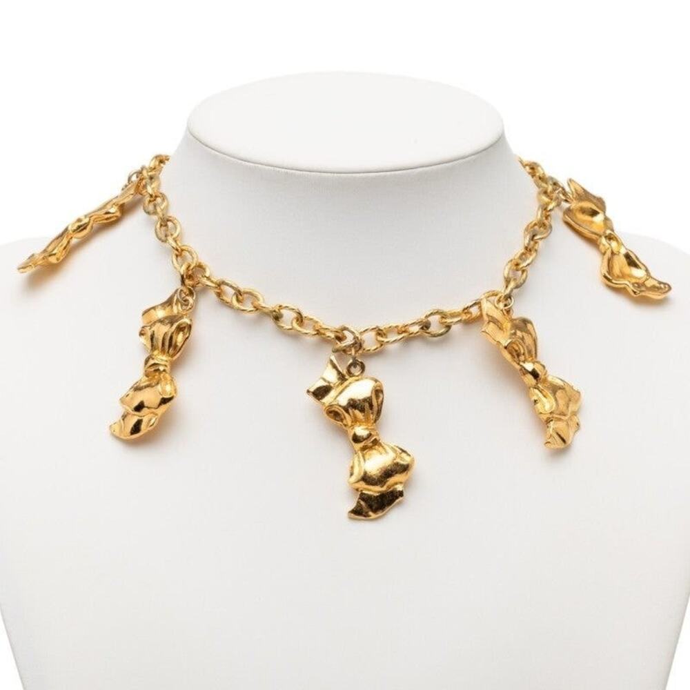 Chanel Ribbon Chain Pendant Necklace Gold Plated